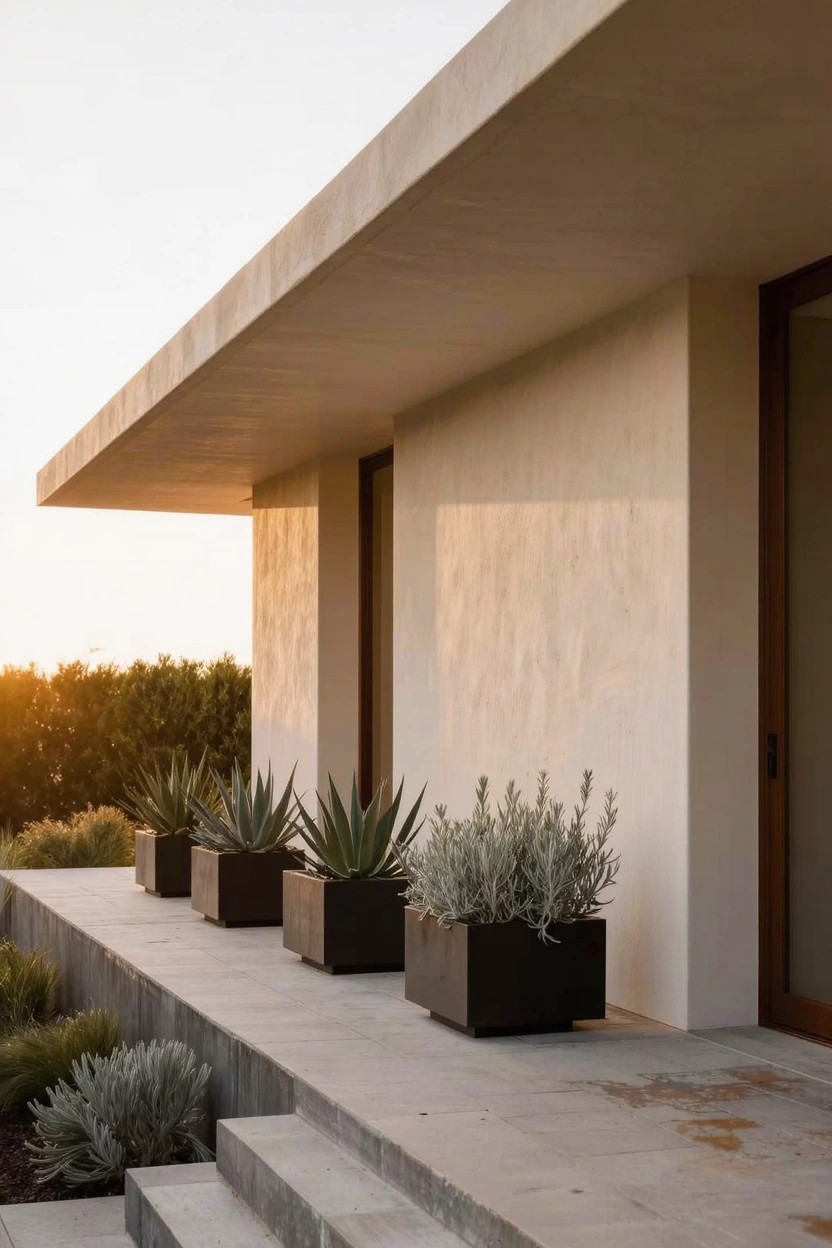 Beige stucco house exterior with overhanging flat roof, concrete platform and steps lined with large black square pots of agave, aloe vera, and lavender plants, wooden doors, and low surrounding shrubs.