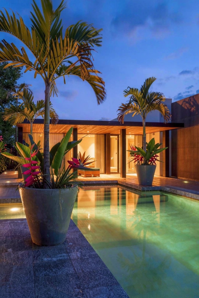 Modern house exterior at dusk featuring large gray cylindrical pots with red tropical flowers and green plants flanking a lit rectangular pool on stone decking, with wooden house elements and palm trees nearby.