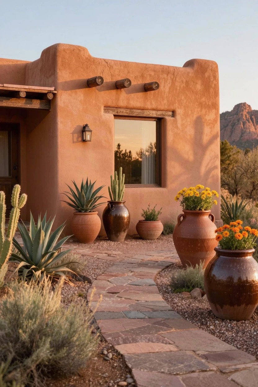 Adobe-style house with terracotta walls and wooden beams, featuring large terracotta pots with succulents, cacti, and yellow flowers along a stone pathway to the entry door in a desert landscape at sunset.