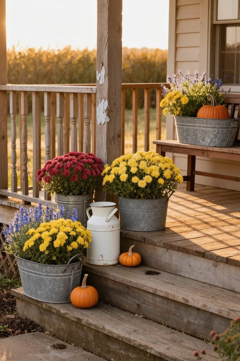 Rustic wooden porch steps with galvanized metal buckets and pots filled with yellow, red, and pink chrysanthemums, lavender, and small pumpkins, placed near a bench and railing on a light-colored house exterior.
