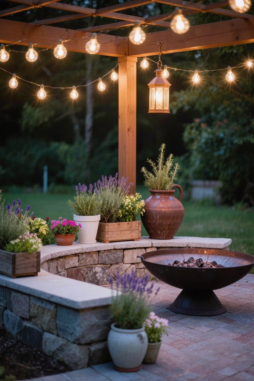 Stone fire pit with surrounding bench seating lined with potted lavender, herbs, flowers in terracotta and white pots under a wooden pergola strung with lights.
