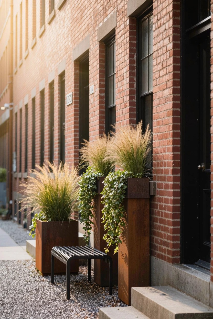 Row of red brick buildings with black doors and windows along a gravel walkway lined with tall grasses in tall rectangular metal planters, ivy trailing from some pots, a metal bench nearby, and concrete steps at an entry.