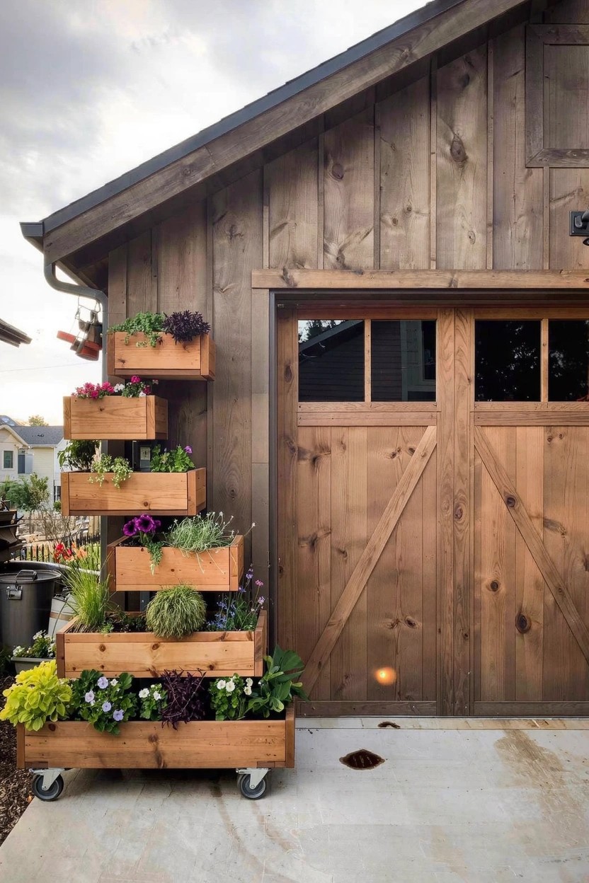 Rustic stone cottage entryway with arched wooden door covered in pink climbing roses, wall lantern, stone steps with scattered petals, and potted lavender plants in a white bucket and terracotta pot in the foreground at sunset.