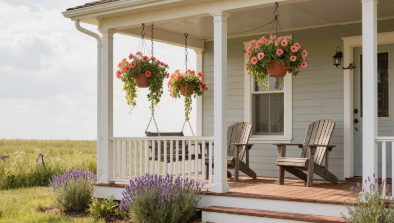 18 Lovely Hanging Flower Pots Outdoor That Add Vertical Color White clapboard house porch with two terracotta hanging baskets of pink geraniums suspended by chains between columns, wooden porch swing, Adirondack chairs, steps, and lavender plants nearby.