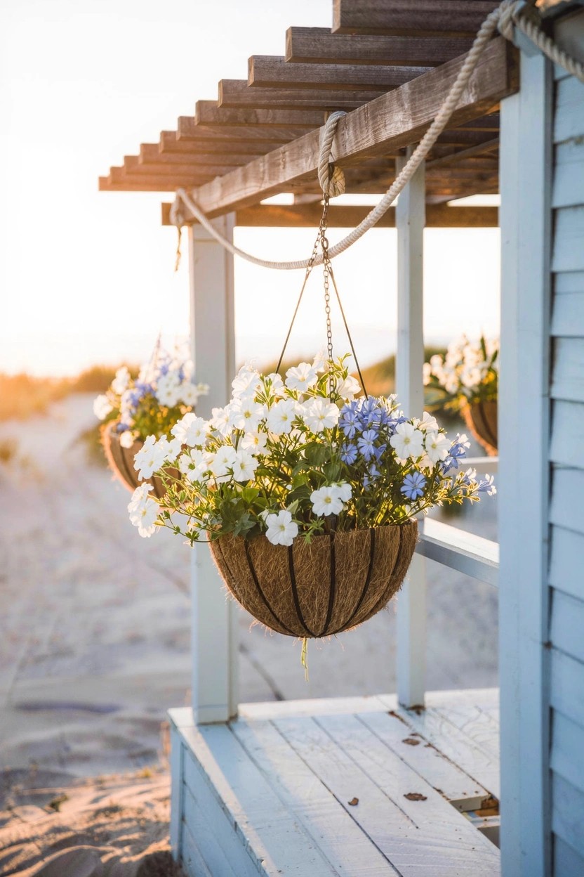 Hanging woven baskets filled with white and light blue flowers suspended by ropes from the wooden beams of a beachside pergola structure against a sandy path at sunset.