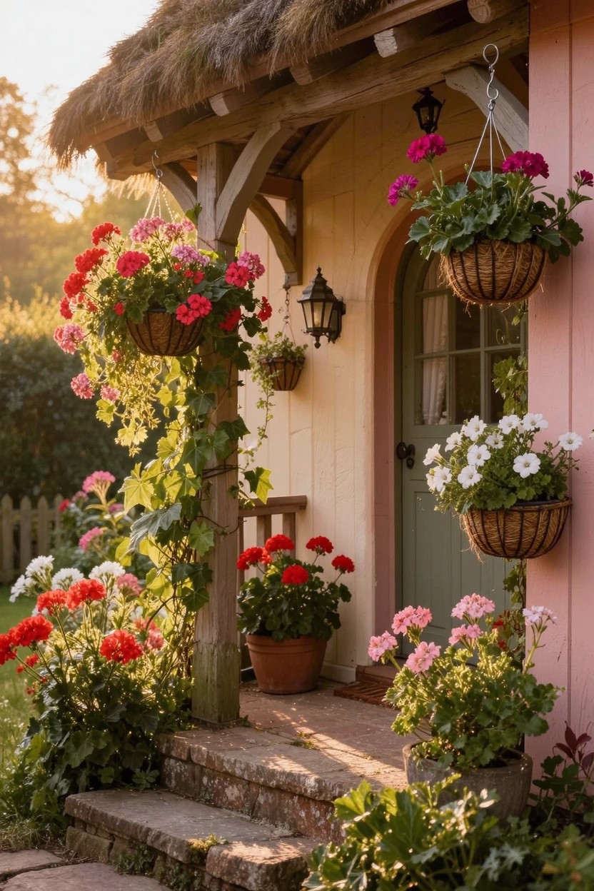 Pink cottage house with thatched roof, wooden porch posts, and multiple hanging baskets of red, pink, and white geraniums clustered around the arched green door and steps.