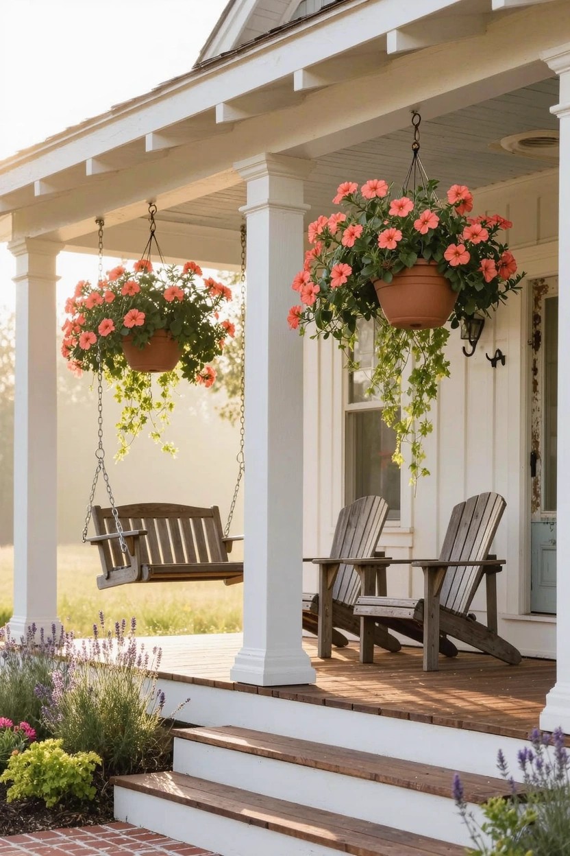 White clapboard house porch with two terracotta hanging baskets of pink geraniums suspended by chains between columns, wooden porch swing, Adirondack chairs, steps, and lavender plants nearby.