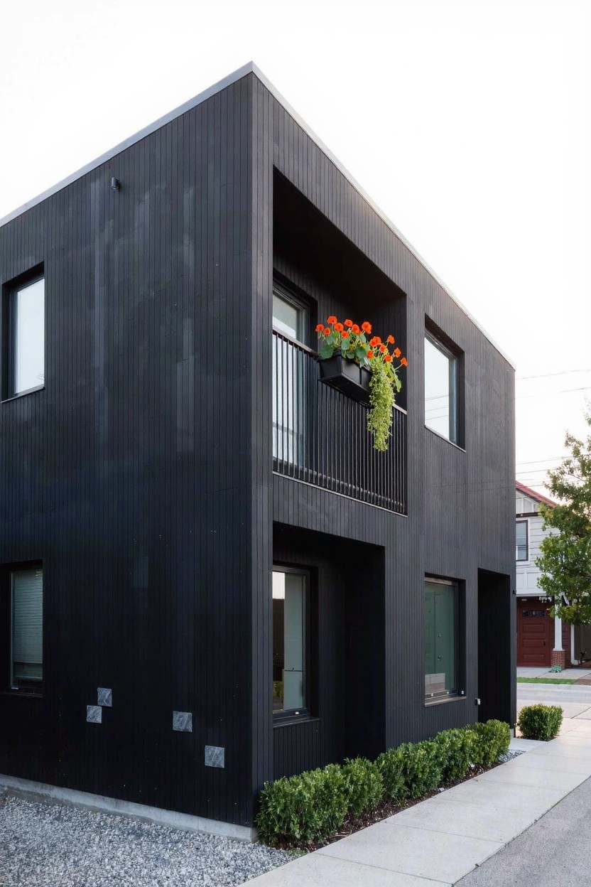 Corner view of a two-story black wooden house with a second-floor balcony holding red flower pots that trail downward, flanked by low green shrubs and a gravel area.