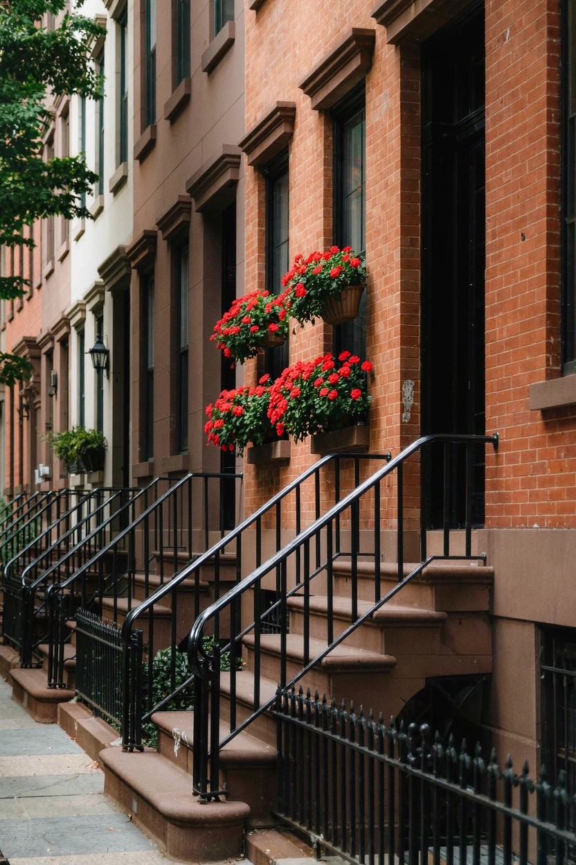 Brick row houses with black iron stair railings and fences, multiple hanging red flower pots on the facade and railings, and stone steps leading to front doors.