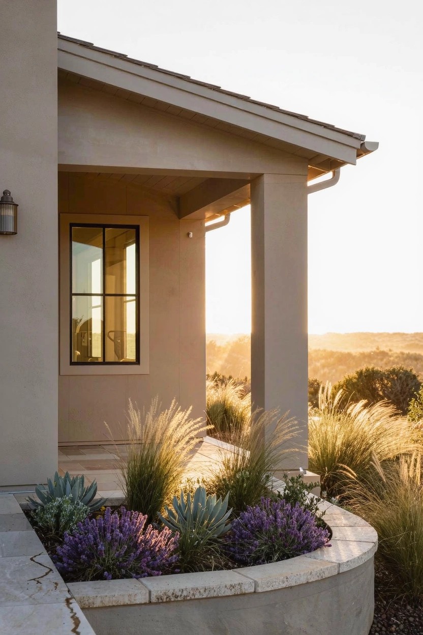 Beige stucco house exterior featuring a porch with columns, a window, and a curved raised stucco planter bed with succulents, lavender, and tall grasses near the steps, with hillside views at sunset.
