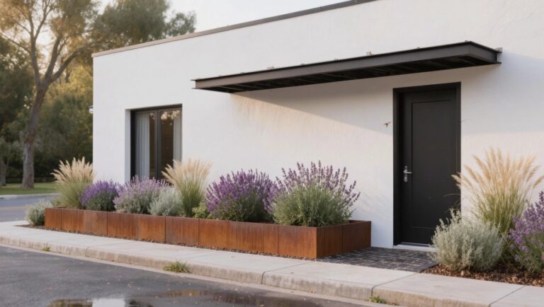 White stucco house exterior with black front door under a flat metal awning, black-framed window, and raised rusted metal-edged planter bed with purple lavender and tall ornamental grasses along the base next to a paved walkway.
