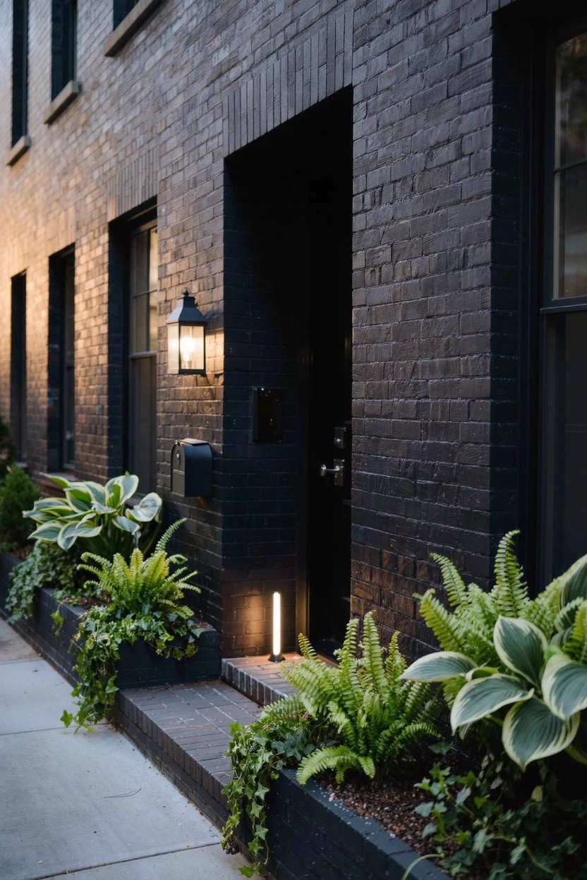 Dark brick rowhouse facade with recessed black entry door, wall-mounted lantern light, slim vertical light post, and beds of ferns and variegated hostas along the base and sidewalk.