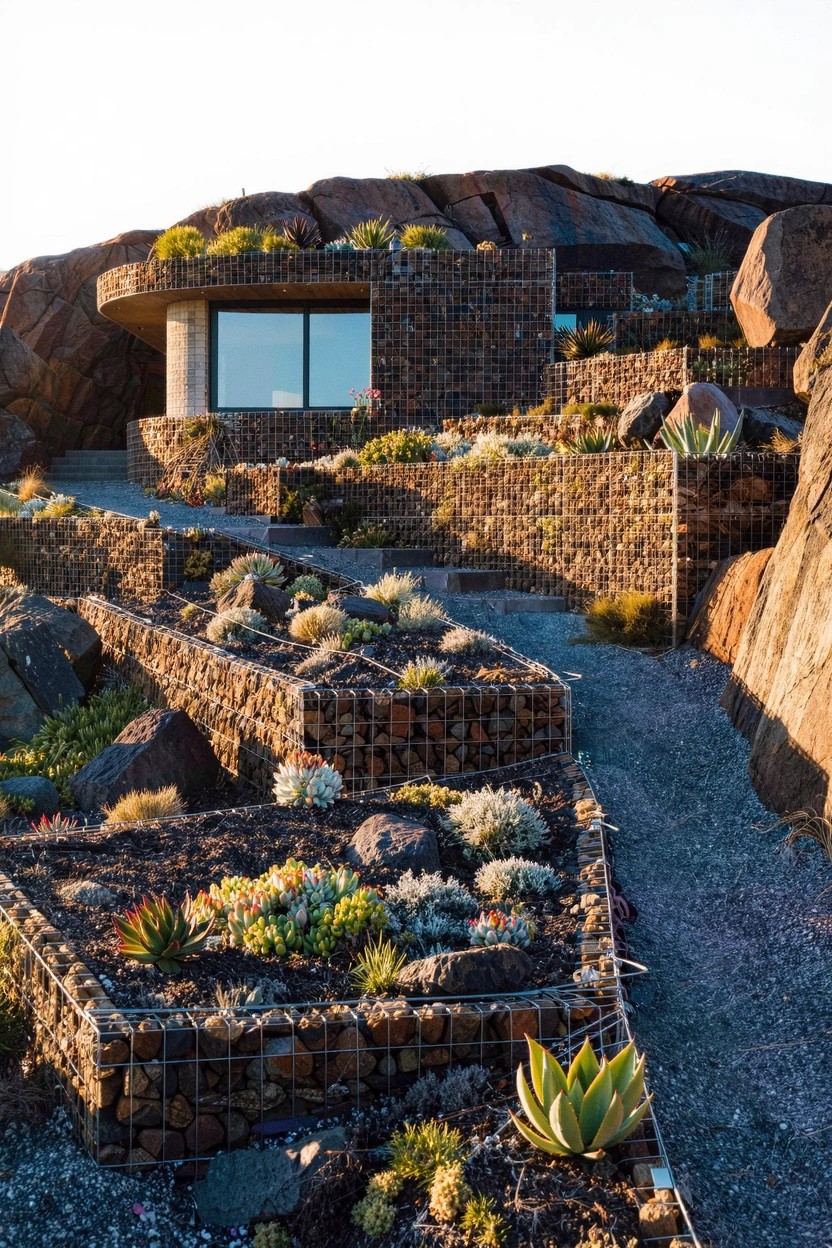 Modern curved house built into rocky hillside with gabion walls filled with rocks and planted succulents, stone pathways, and large glass window.
