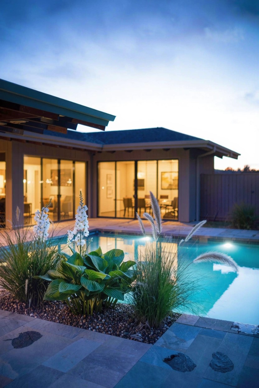 Modern stone house with pillars and dark garage door beside a curved brick driveway edged by tall grasses and clusters of orange coneflowers and yellow flowers.