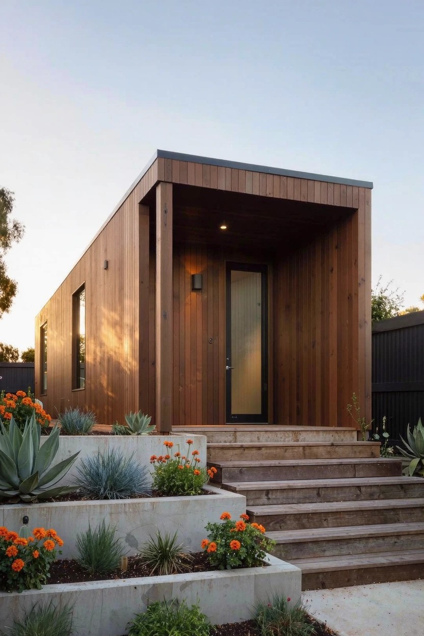 Modern wooden house with covered porch and wooden steps leading to a glass door, bordered by raised concrete planters filled with agave, succulents, grasses, and orange flowers.