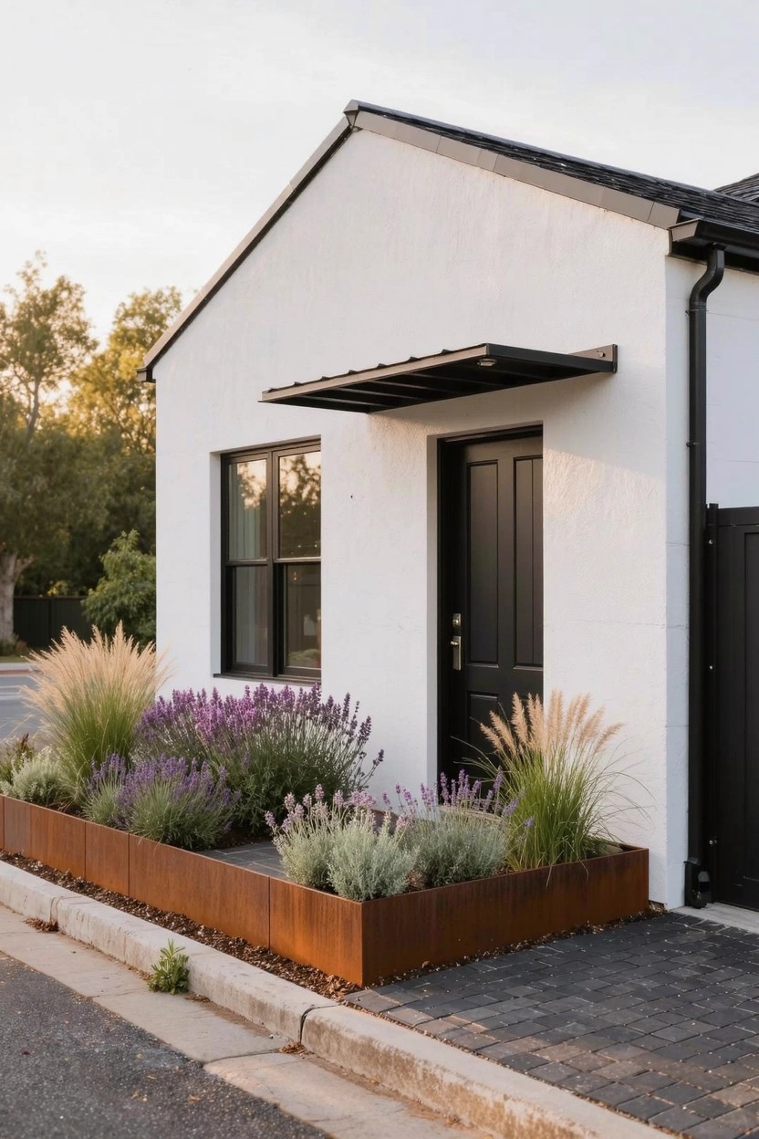 White stucco house exterior with black front door under a flat metal awning, black-framed window, and raised rusted metal-edged planter bed with purple lavender and tall ornamental grasses along the base next to a paved walkway.