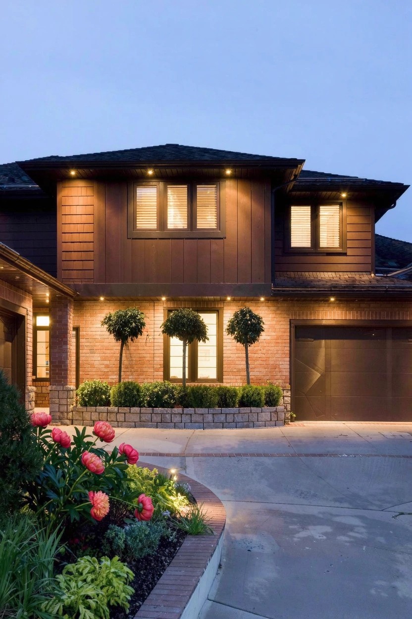 Modern two-story house exterior at dusk with warm interior lights in windows, horizontal wood siding, brick garage door, curved driveway, and brick-edged flower beds with pink flowers, boxwood shrubs, and landscape lighting.
