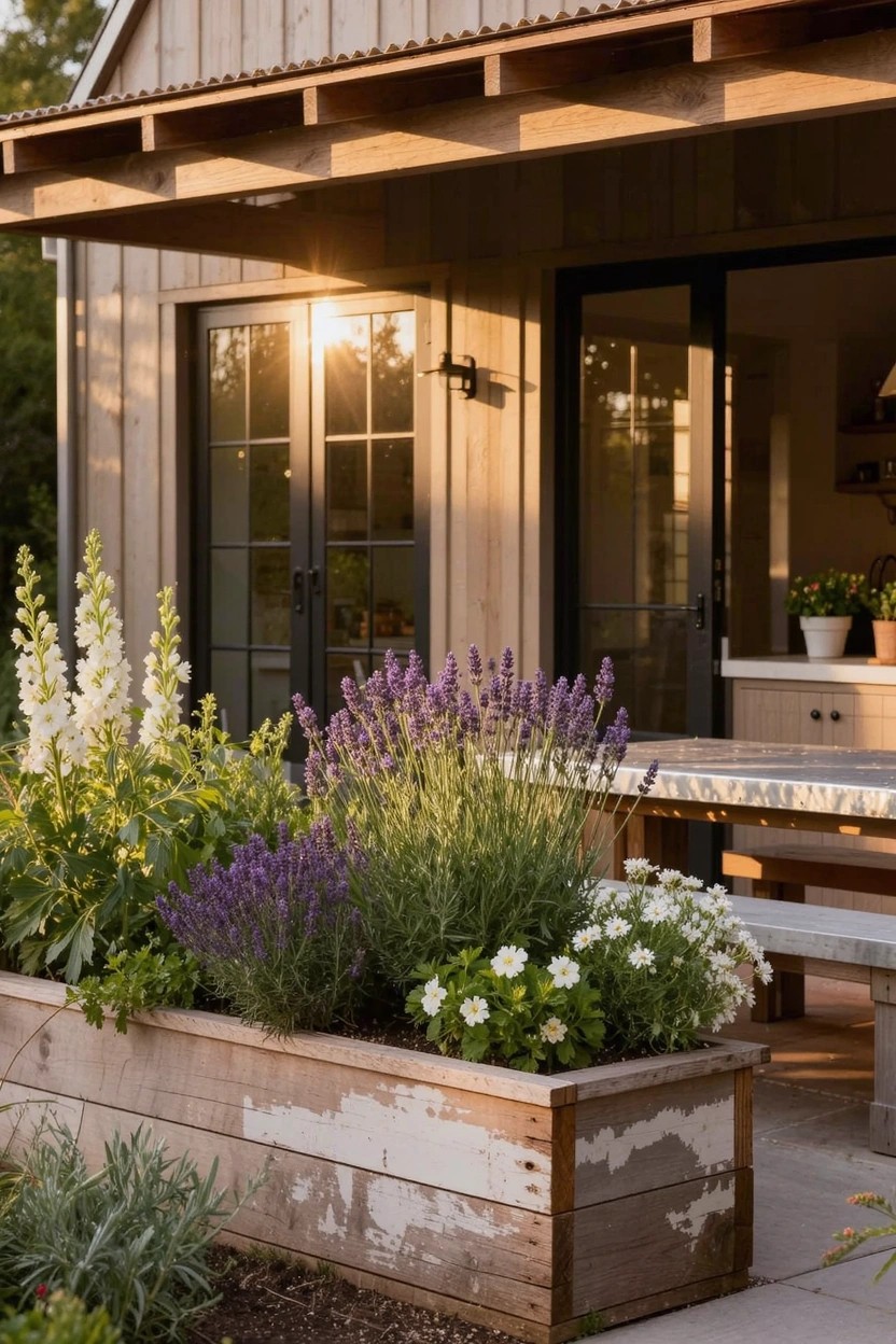 White modern house corner with black recessed door, vertical windows, gravel driveway, and adjacent flower beds planted with eucalyptus, ornamental grasses, and white flowers.