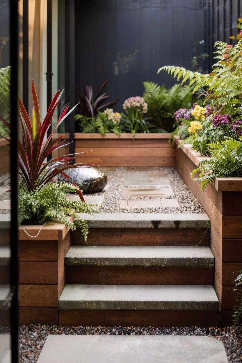 Modern outdoor patio with raised wooden flower beds containing ferns, colorful flowers, and cordyline plants along wooden and stone steps, pebble ground cover, and a large gray rock.