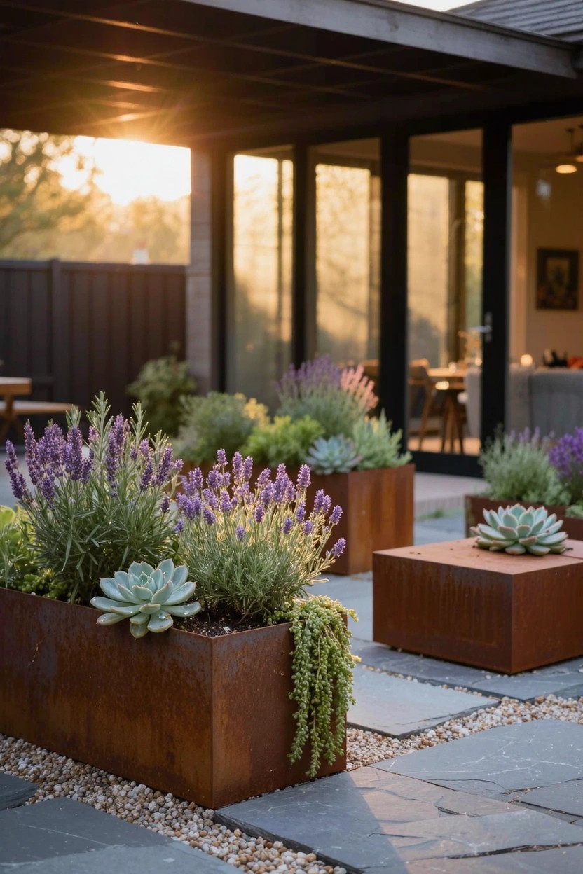 Modern backyard patio with corten steel cube planters filled with lavender, succulents, and trailing plants on gravel paths next to a house with glass doors.