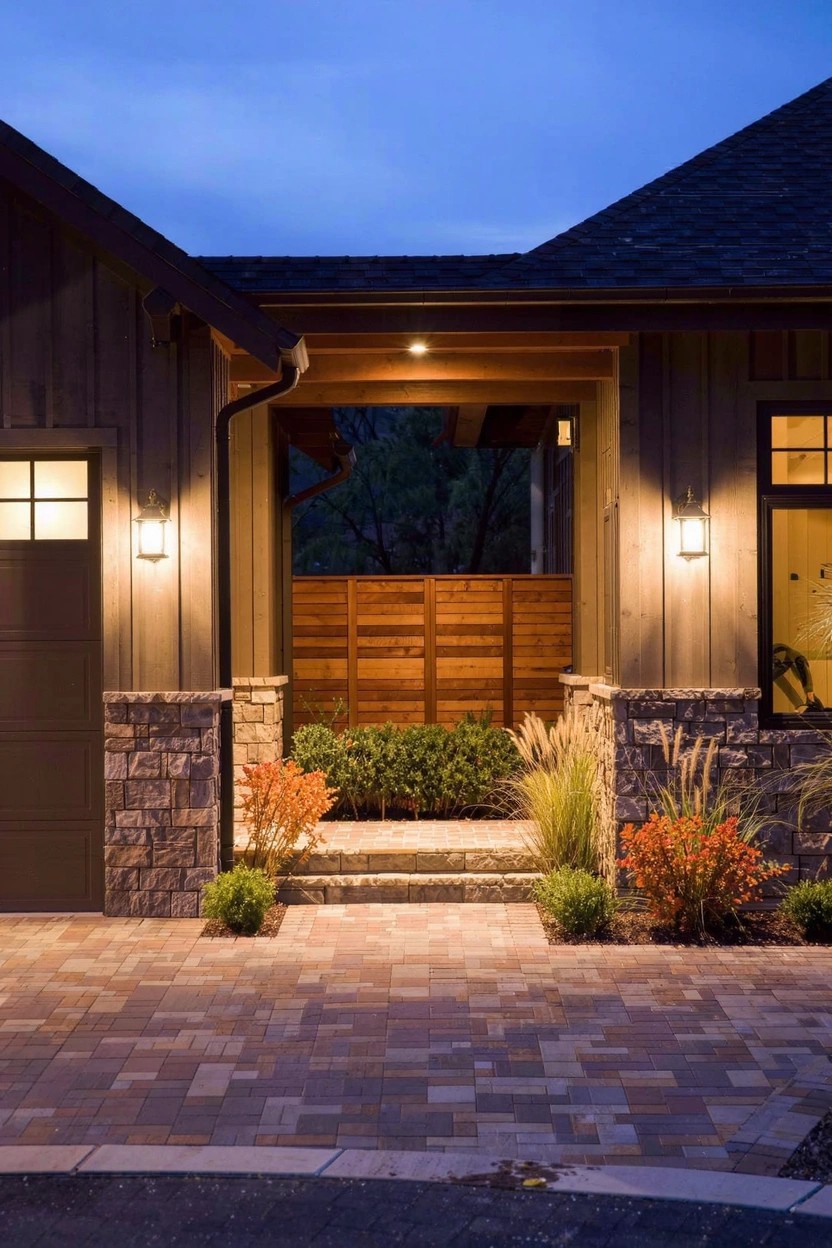 Modern home exterior at dusk with garage doors, wooden privacy screen, lit entryway steps, paver pathway, stone wall bases, and flower beds containing tall grasses, red shrubs, and green bushes.
