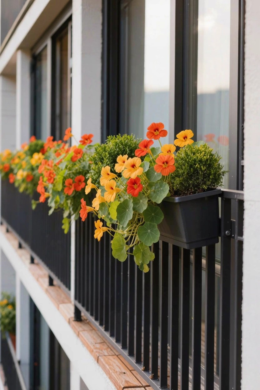 Backyard patio area featuring tall raised wooden planters with green plants, herbs, and pink roses along a dark blue house wall and wooden fence, gravel ground, wooden bench, and white string lights hanging overhead at dusk.