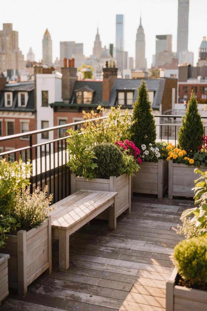 Rooftop balcony deck with wooden raised planters filled with flowers, shrubs, and greenery lining the edges and railing, wooden bench in center, city skyline in background.