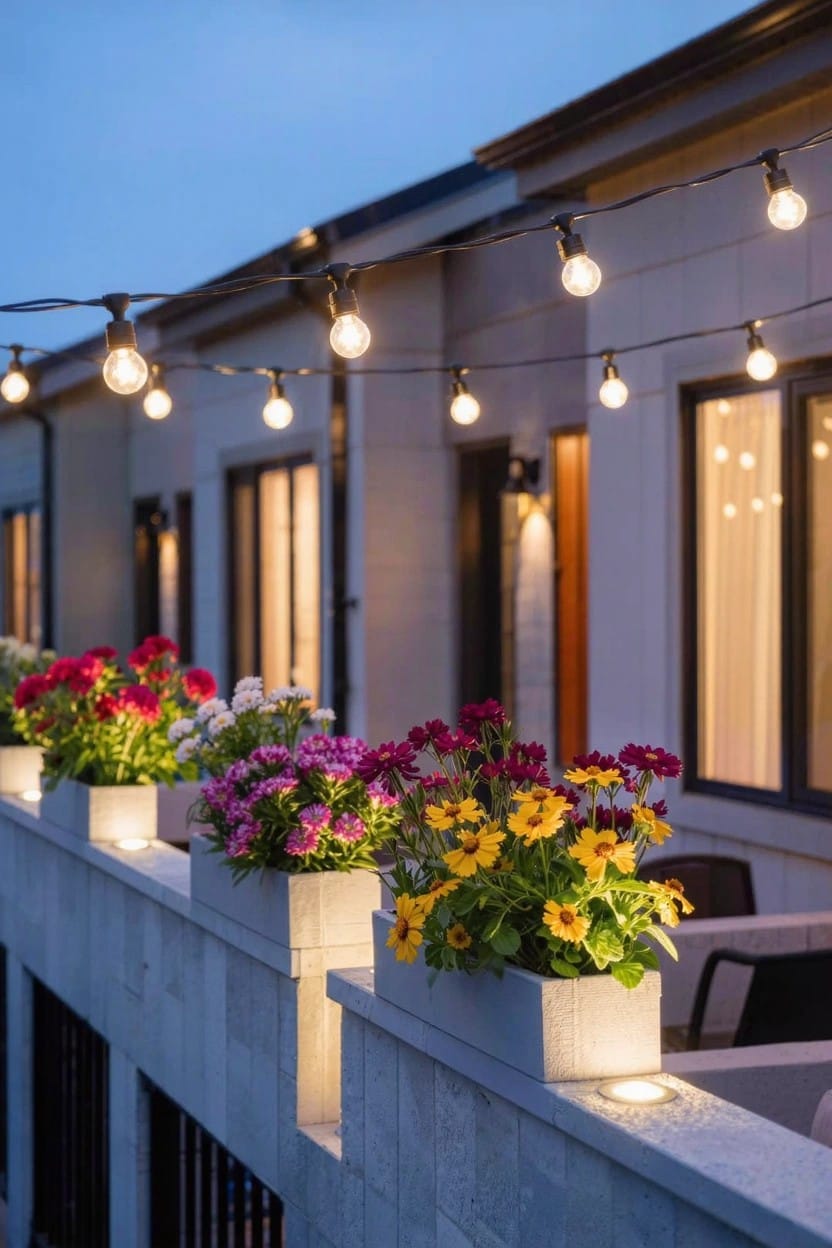 Modern balcony on a white-sided house at dusk with white rectangular planters containing pink, purple, white, and yellow flowers placed along a stone balustrade, string lights hanging overhead, and two chairs nearby.