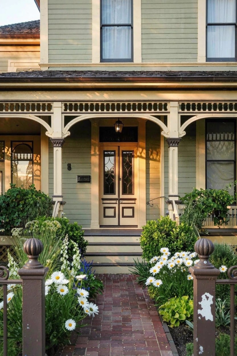 Green Victorian-style house with ornate porch, double glass-paneled doors, brick pathway lined with white daisies, greenery, and shrubs leading up steps flanked by iron posts.