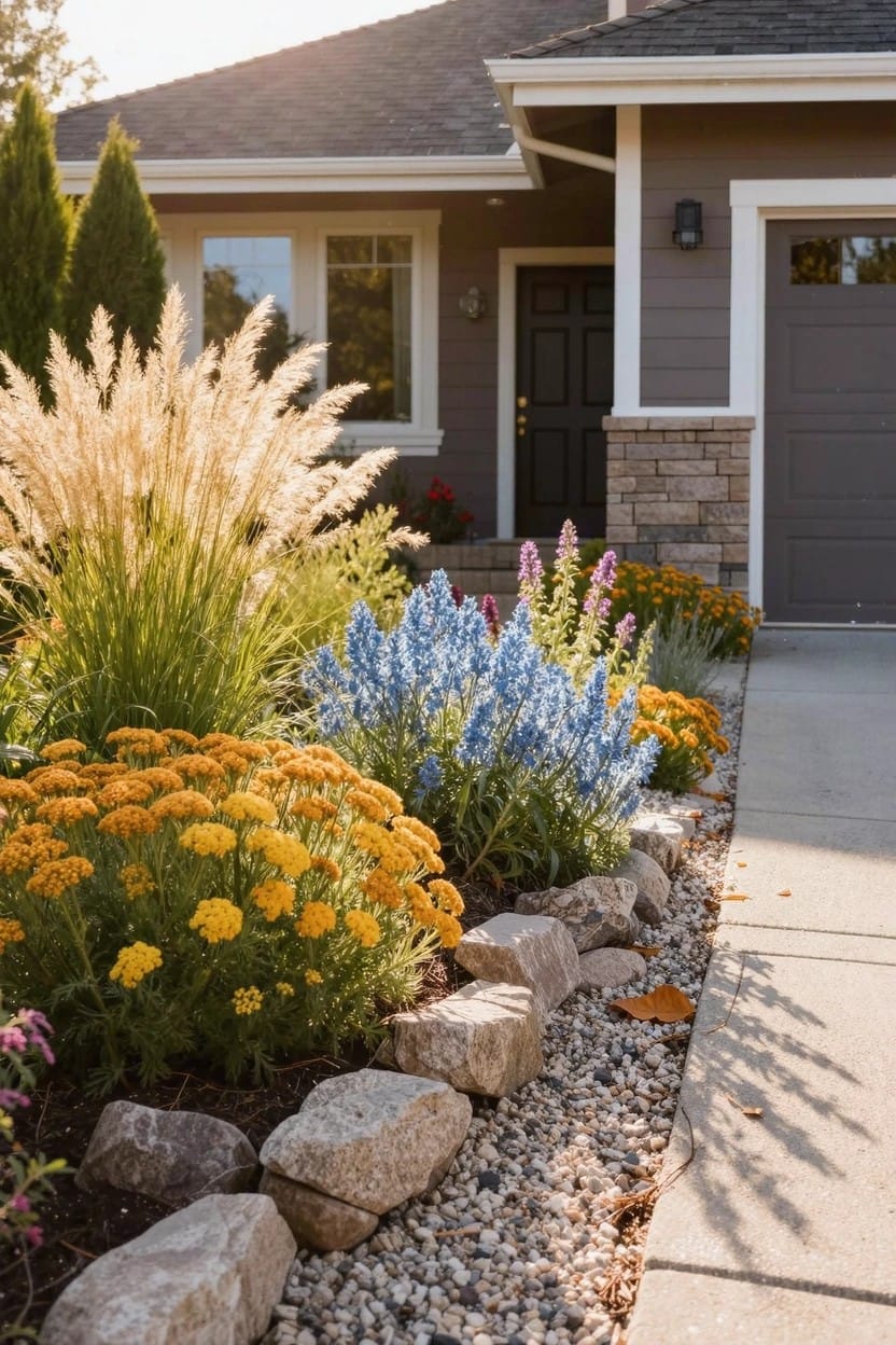 Gray house with beige siding, black front door, and garage, next to a driveway bordered by a flower bed of tall ornamental grasses, blue delphinium spikes, orange flower clusters, and edging of large rocks with gravel mulch.