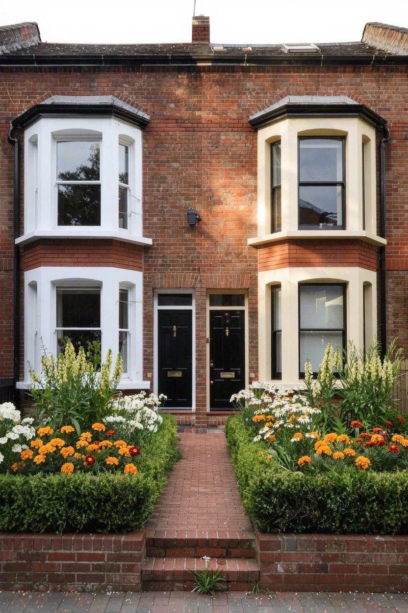 Red brick terraced house with bay windows in white and cream, twin black front doors, brick pathway lined with boxwood hedges and flower beds of orange marigolds, white daisies, and tall flowering plants.