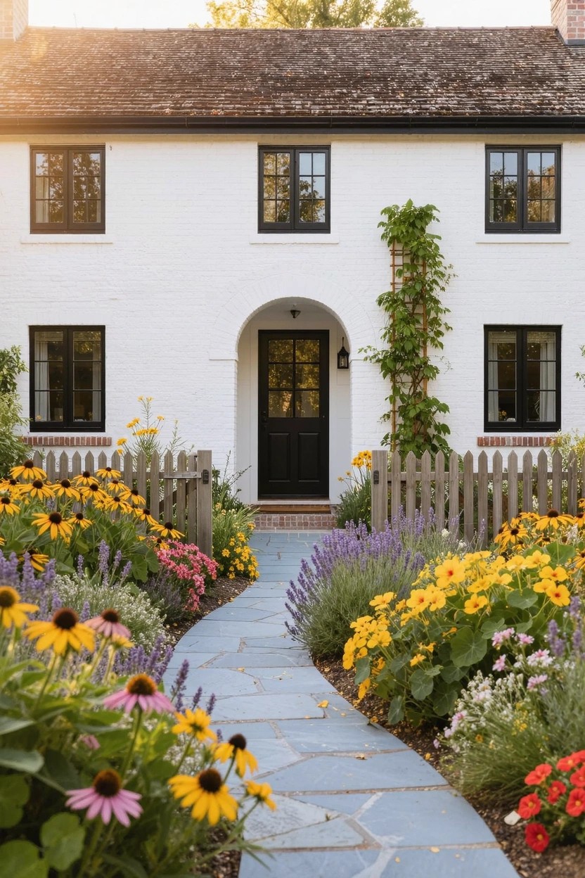 White house with black-framed windows and arched black front door, stone pathway leading through flower beds of sunflowers, coneflowers, lavender, and other perennials, edged by white picket fence.