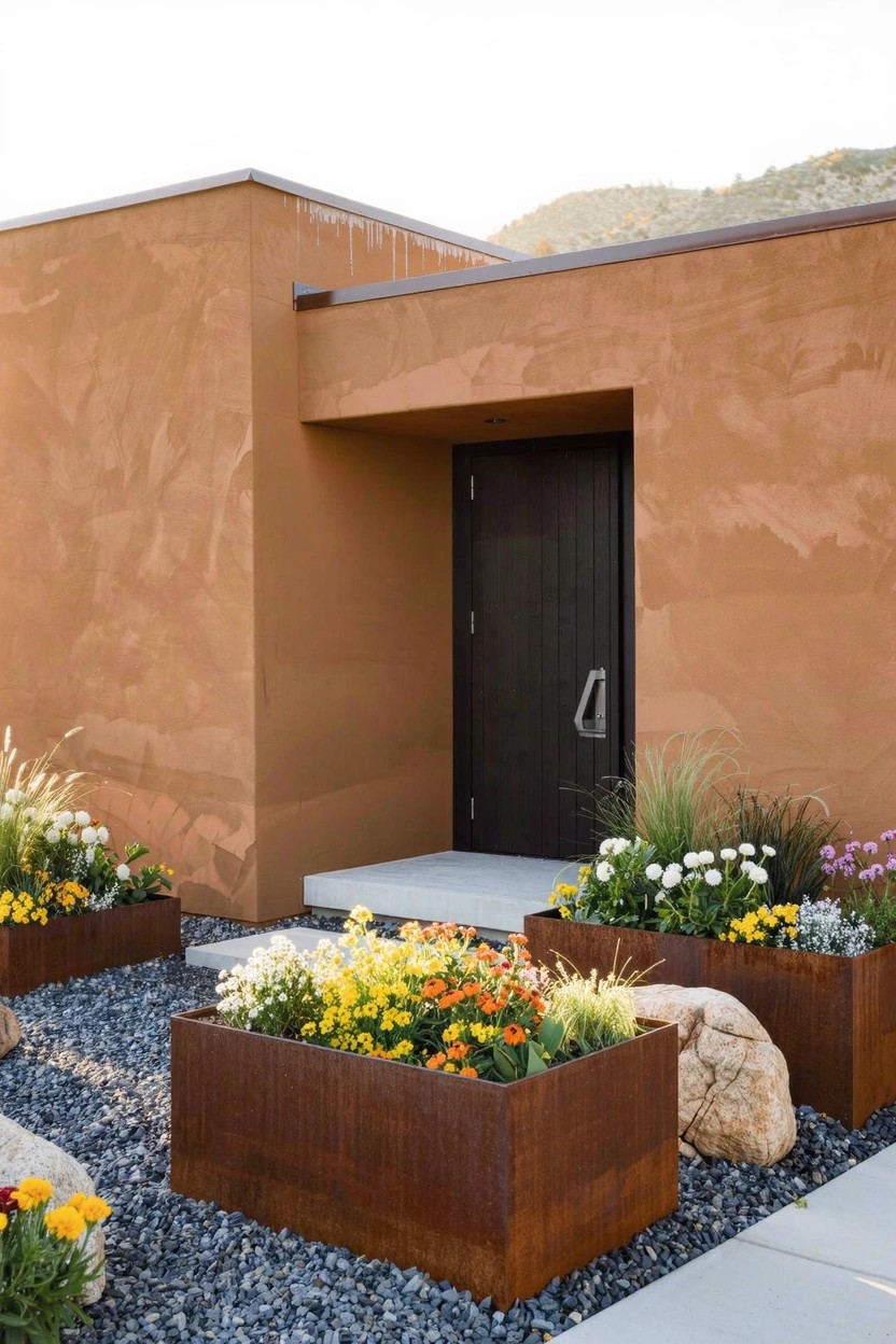 Corner of terracotta stucco house with dark wood entry door and corten steel planters filled with yellow daisies, orange marigolds, white flowers, pink blooms, and ornamental grasses on gravel ground with rocks.