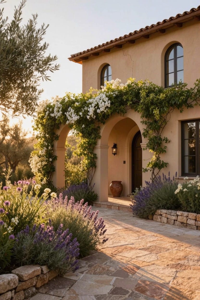 Beige stucco house exterior with arched entryway covered in white flowering vines, lavender flower beds flanking a stone pathway leading to a wooden door, terracotta pot beside the door, and olive trees nearby.