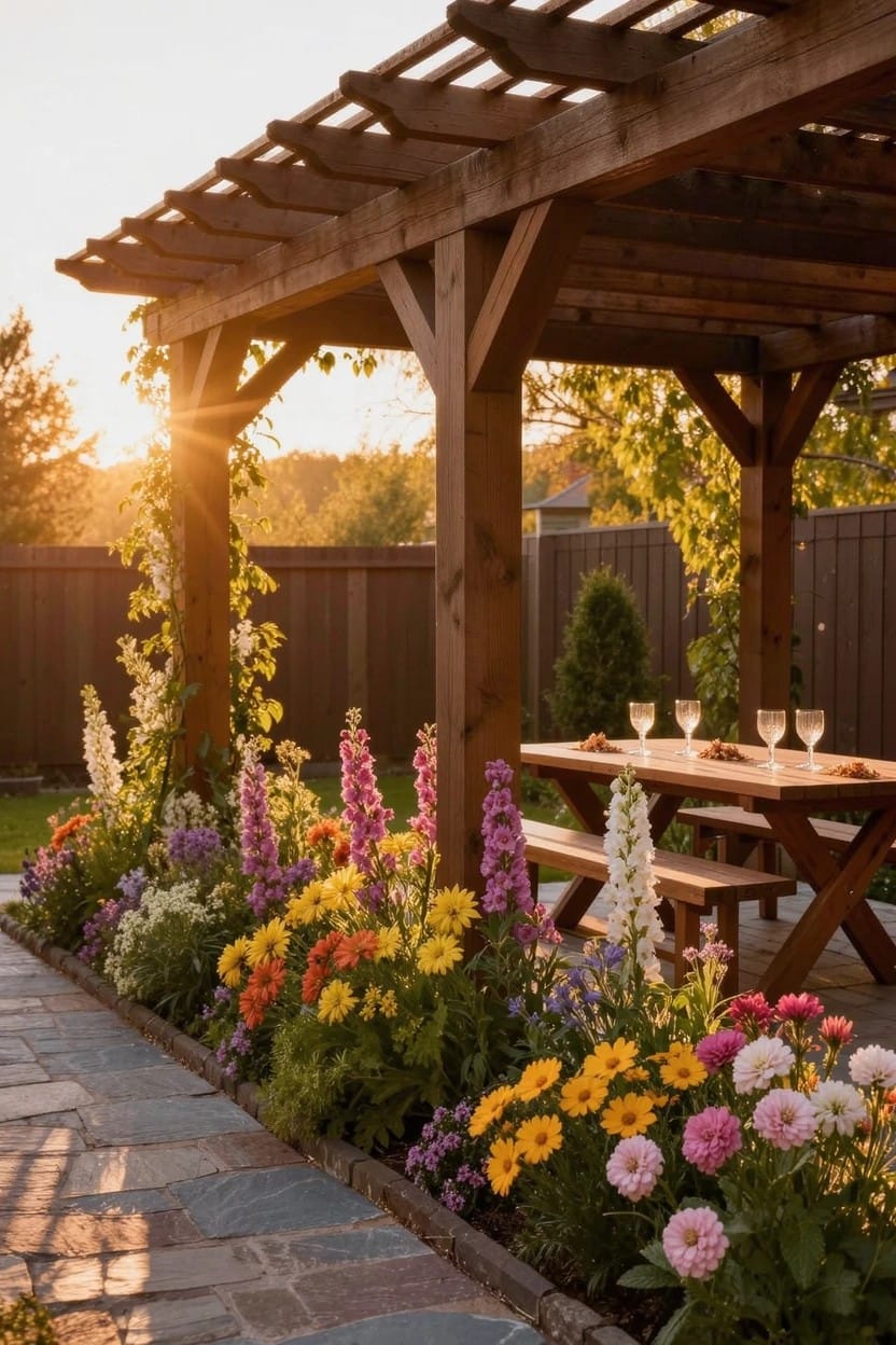 Wooden pergola covering a picnic table and benches in a backyard, with dense beds of colorful flowers in pinks, purples, yellows, and whites along a stone path beside a wooden fence at sunset.