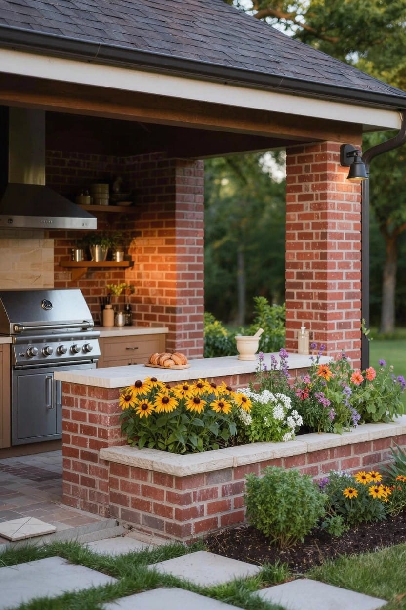 Brick outdoor kitchen under a covered patio with stainless steel grill and counter, adjacent raised brick planter filled with sunflowers, daisies, and other colorful flowers, paver patio floor, and surrounding green lawn.