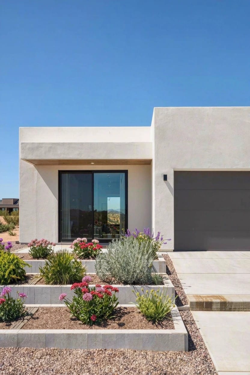 White stucco modern house with sliding glass doors, dark garage door, and raised concrete planters containing pink flowers, lavender, and gravel mulch next to a concrete driveway in a desert setting.