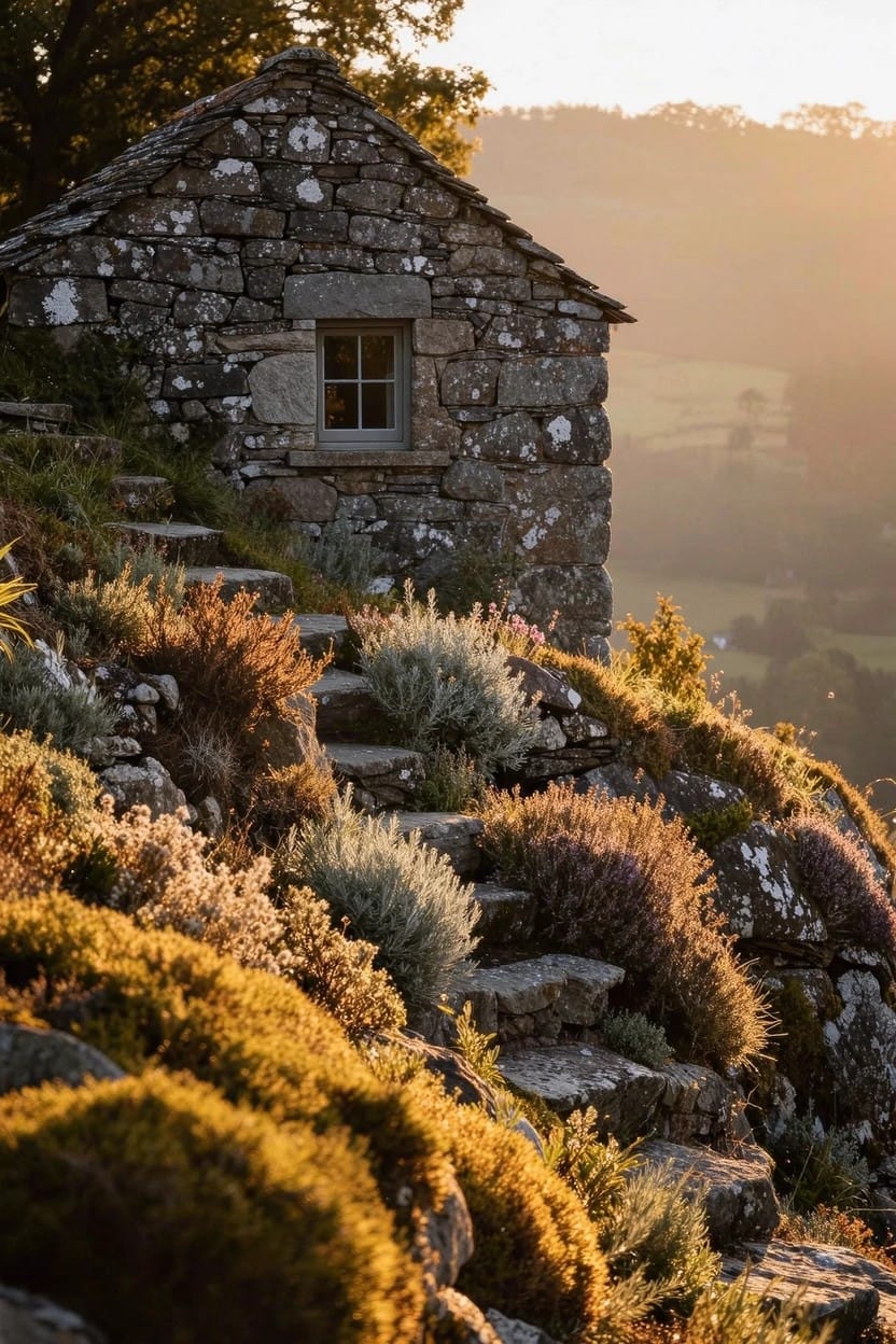 Small stone cottage with sloped roof and single window on rocky hillside, surrounded by flowering shrubs, grasses, and stone steps leading uphill at sunset.