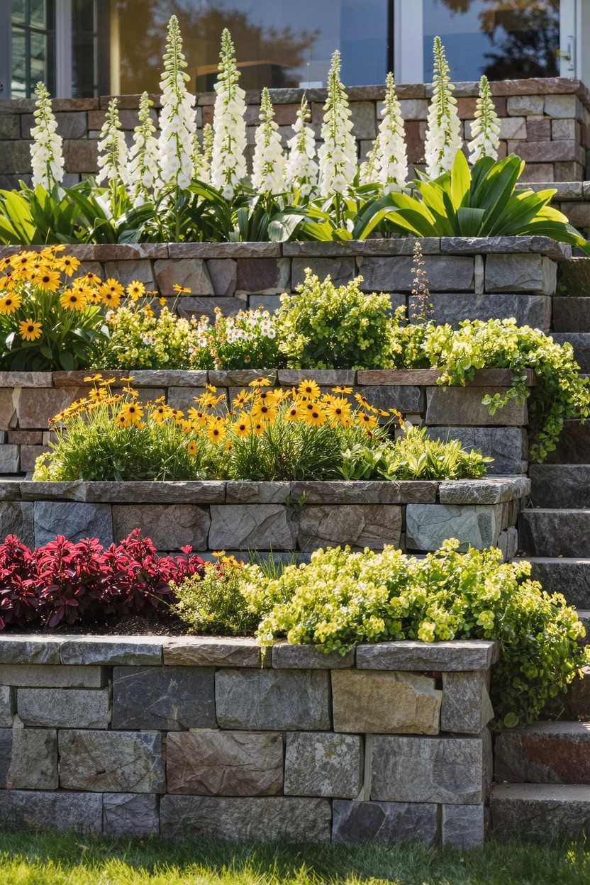 Sloped yard featuring multi-tiered stone retaining walls with planted beds of tall white flowers, yellow black-eyed Susans, red foliage, and green plants, adjacent to stone steps and grass.