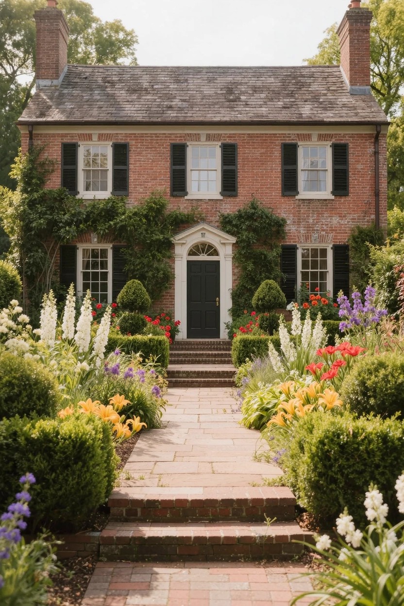 Red brick Georgian-style house with black shutters and white door, flanked by dense flower beds of white foxgloves, red roses, yellow coreopsis, and purple blooms along a brick pathway to front steps.