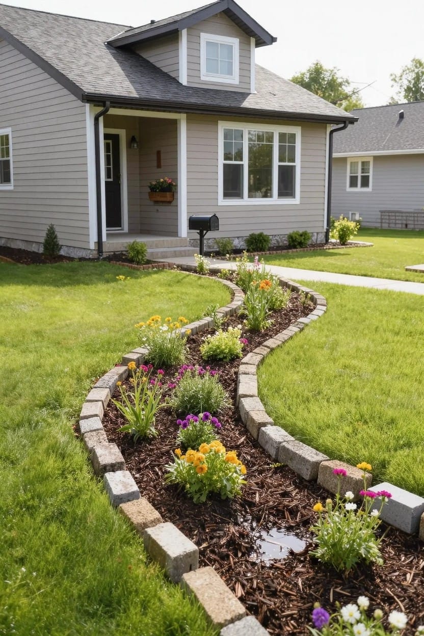 Gray house with beige siding and black roof trim has a curved flower bed edged with concrete blocks and filled with colorful flowers along a walkway to the front steps.