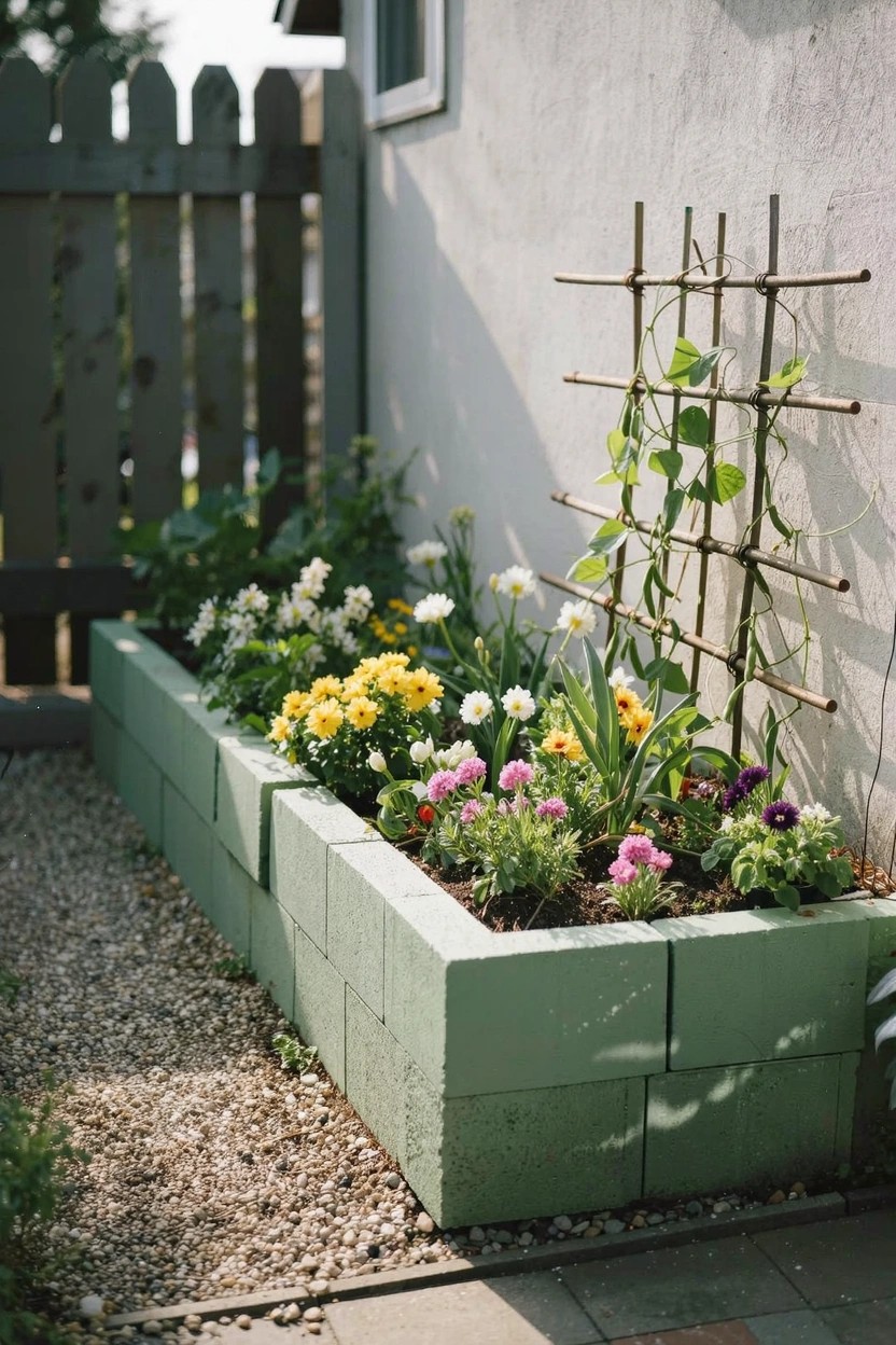 Green painted cinder block raised bed filled with colorful flowers including white daisies, yellow marigolds, and purple pansies, beside a gravel path with a wooden picket fence and trellis on a stucco wall.