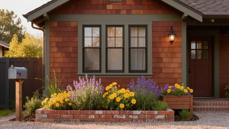 Brown shingle house exterior with raised brick planter bed of lavender bushes, grasses, and yellow flowers next to black front door, mailbox post, and gravel path.