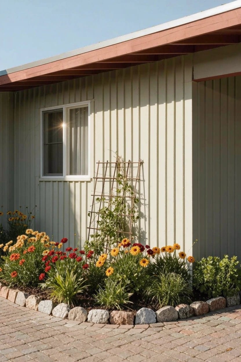 Pale green vertical board-and-batten house siding with a curtained window, wooden trellis supporting climbing plant, colorful orange and yellow flowers in bed edged by rocks next to paved path.
