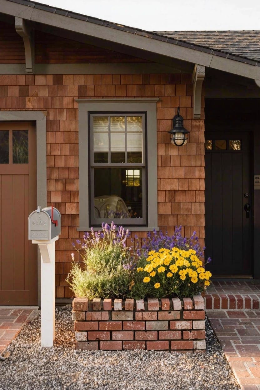 Brown shingle house exterior with raised brick planter bed of lavender bushes, grasses, and yellow flowers next to black front door, mailbox post, and gravel path.
