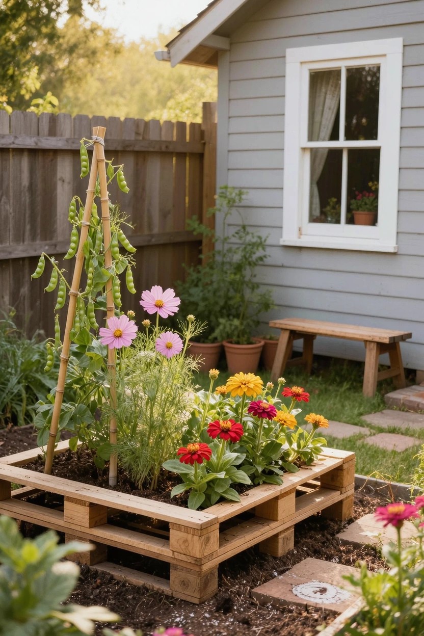 Wooden pallet raised garden bed filled with colorful flowers including pink cosmos and orange zinnias, with a pea trellis along one side, positioned in a backyard next to a gray shed and wooden fence.