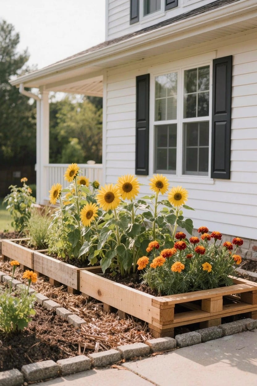 White house with black shutters and porch next to wooden pallet raised beds planted with sunflowers, marigolds, herbs, and mulch border along a stone path.