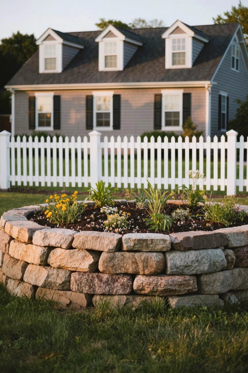 Gray house with gabled roof, dormer windows, white shutters, and white picket fence, with a circular foreground flower bed of stacked irregular stones filled with yellow flowers, grasses, and other plants on green grass.
