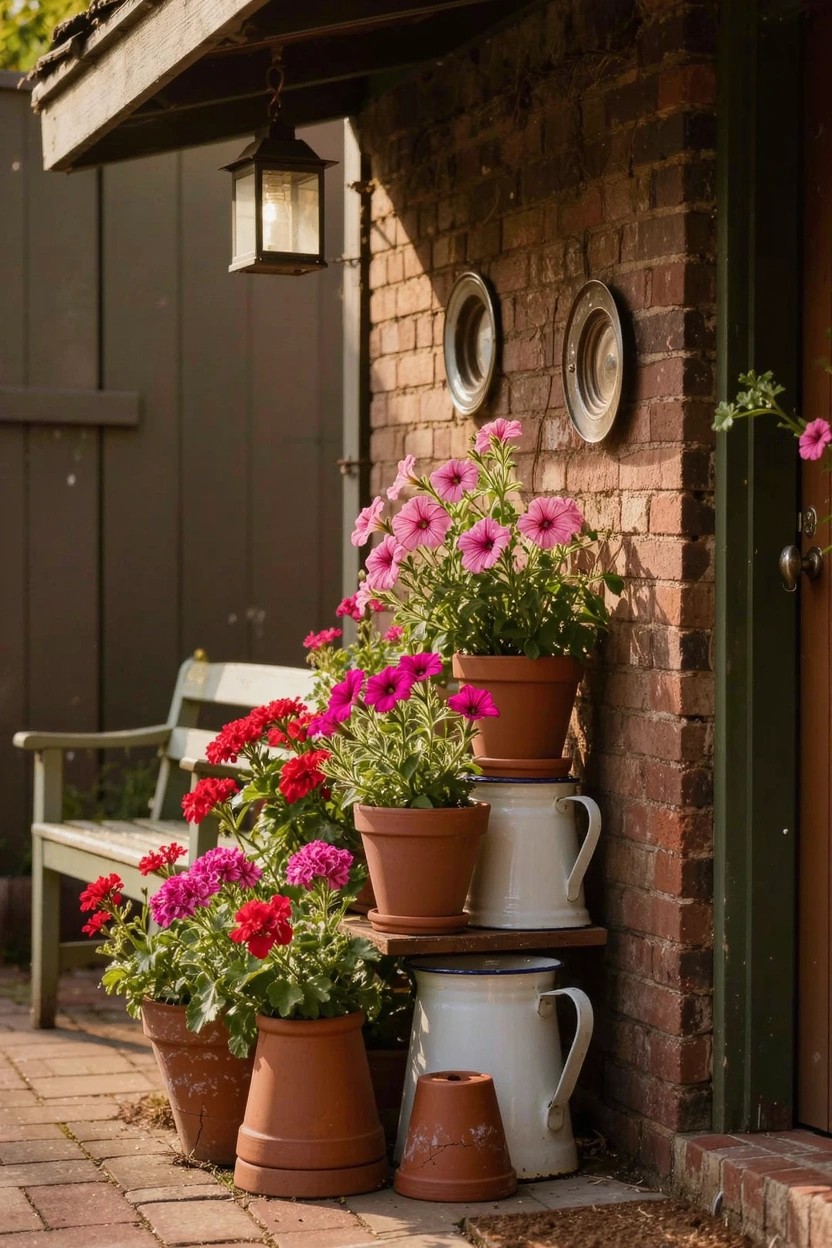 Yellow shingled house exterior with dark front door, white-framed windows, and a row of terracotta pots containing colorful flowers like pinks, oranges, and yellows lined along the base of the wall next to brick steps.
