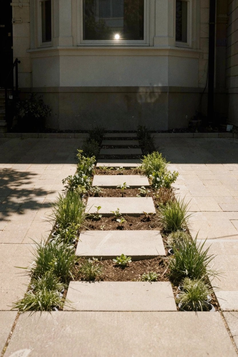 Front yard pathway of square stone slabs spaced apart in gravel with low green grasses and plants growing between and beside them, leading to a beige house exterior under sunlight.